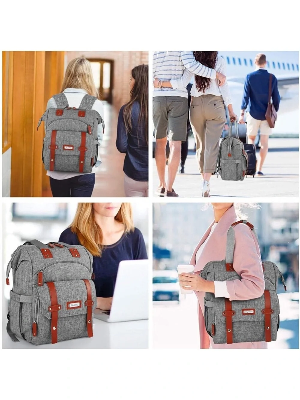 Falaniko Gray Backpack with Brown Trim Travel & Commuter Bag USB Charging Port
